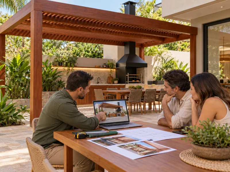 Equipe conferindo o projeto de um pergolado com o cliente