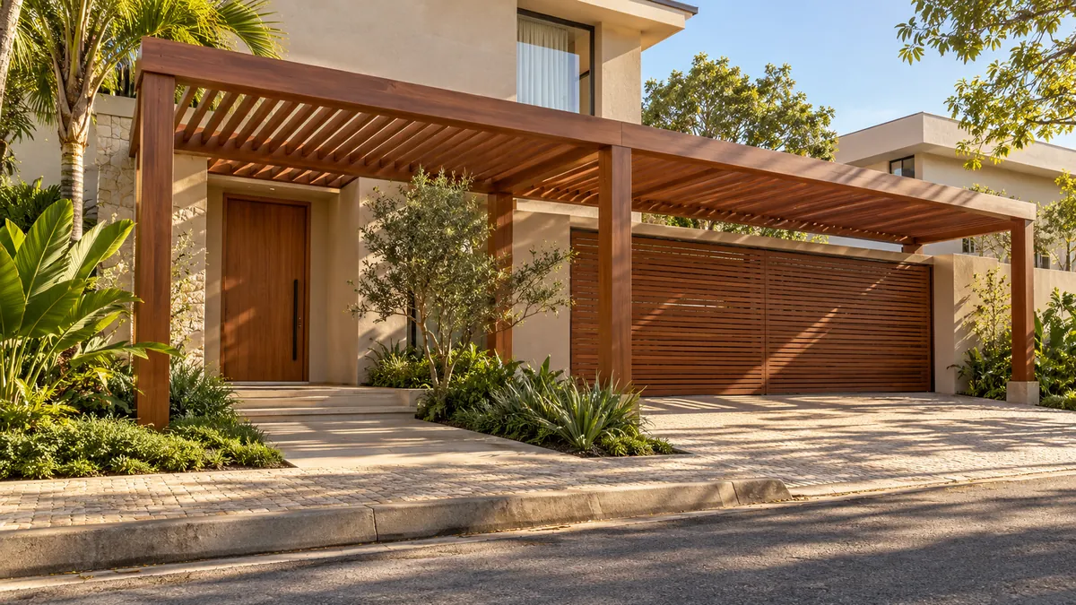 Fachada de casa com pergolado de madeira sobre a entrada e o portão da garagem