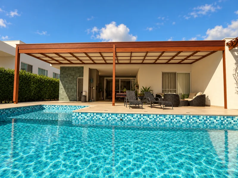 Projeto em 3D do pergolado ao lado da piscina, aprovado antes da fabricação