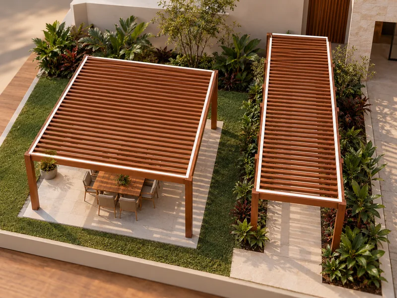 Esquema em planta com dois pergolados de 20 m², um de 4 por 5 metros e outro de 2 por 10 metros, com a borda de cada um destacada