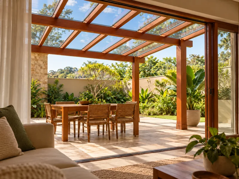 Vista de dentro da sala para fora, através da porta, com o pergolado de madeira coberto de vidro