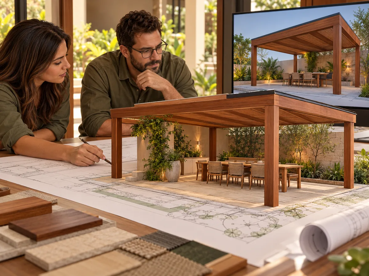 Projeto em 3D de um pergolado de madeira coberto, desenhado sobre a planta de um projeto de arquitetura