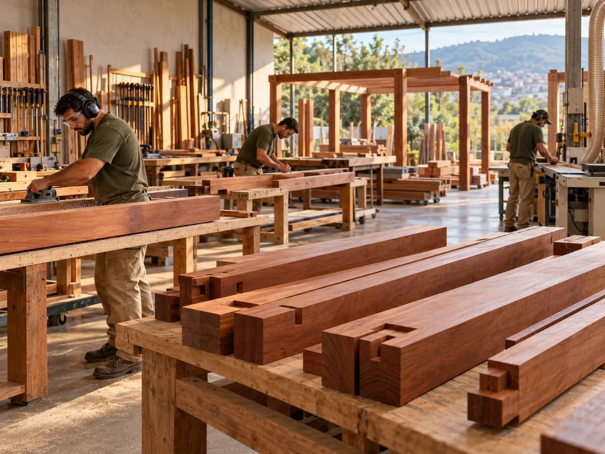 Oficina Carpintaria, com peças de madeira preparadas para a montagem